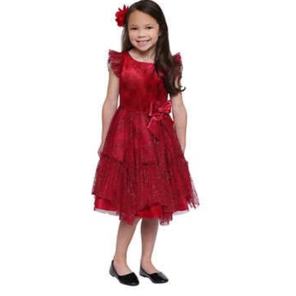RED RUFFLE FLUTTER SLEEVE PARTY DRESS 3 4 5 cy - Picture 5 of 7